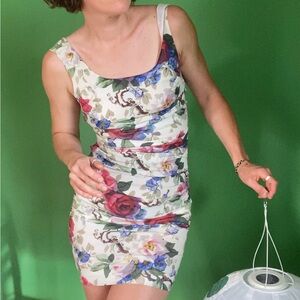 Dolce & Gabbana Floral white multicolor rose silk stretchy ruched Bodycon Dress